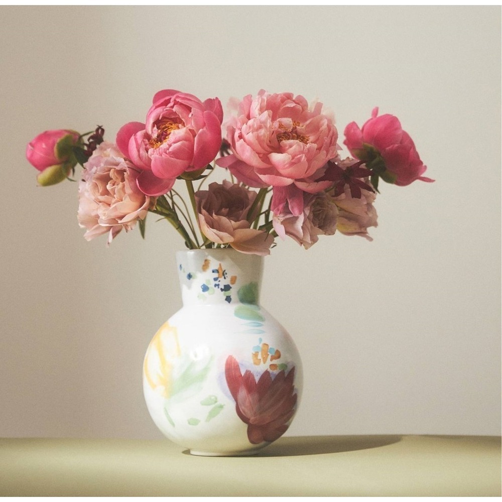 Anthropologie Handpainted Aquafina Vase 7.5" Colourful Pottery Vase